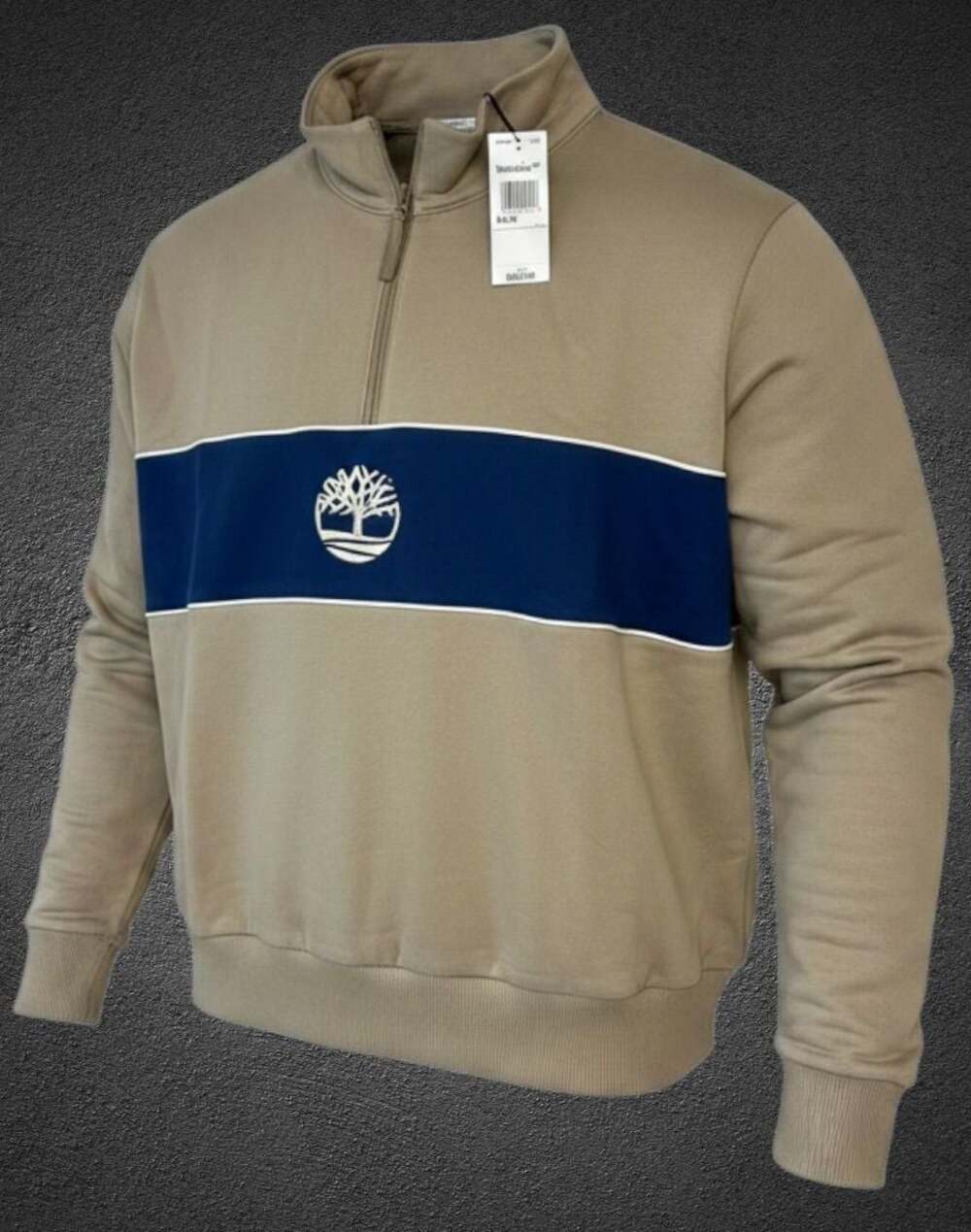 Timberland Cut and Sew Quarter-Zip Sweatshirt in Beige and Navy